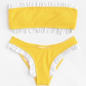 Yellow white ruffled bandeau bikini